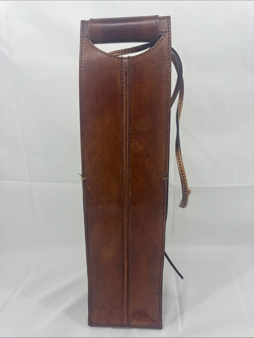 Cognac Brown Handcrafted Leather Wine Carrier Bag, Snap Handle Strap, Gift Tote